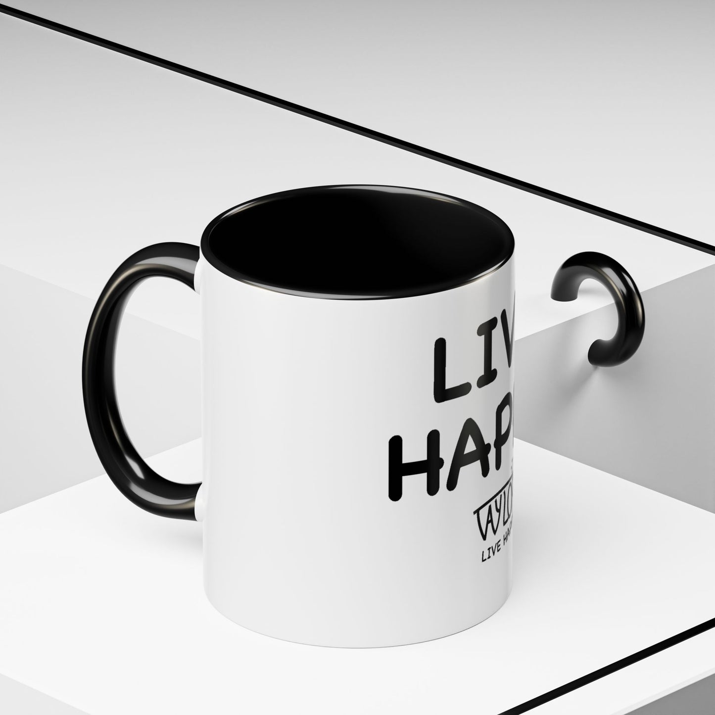 Live Happy Accent Coffee Mug - Inspirational Drinkware for Coffee Lovers, Gift for Friends, Motivation Mug, Black and White Design