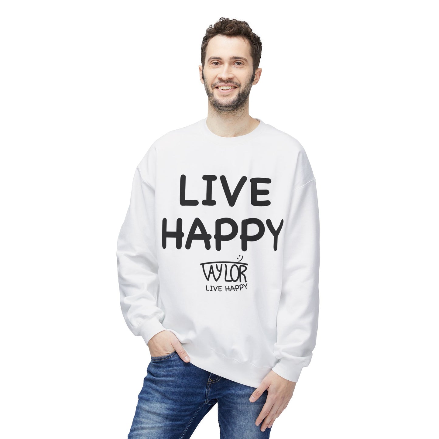 Live Happy Crewneck Sweatshirt - Unisex Fleece, Cozy Gift, Motivational Apparel, Perfect for Gifting, Casual Wear, Everyday Comfort