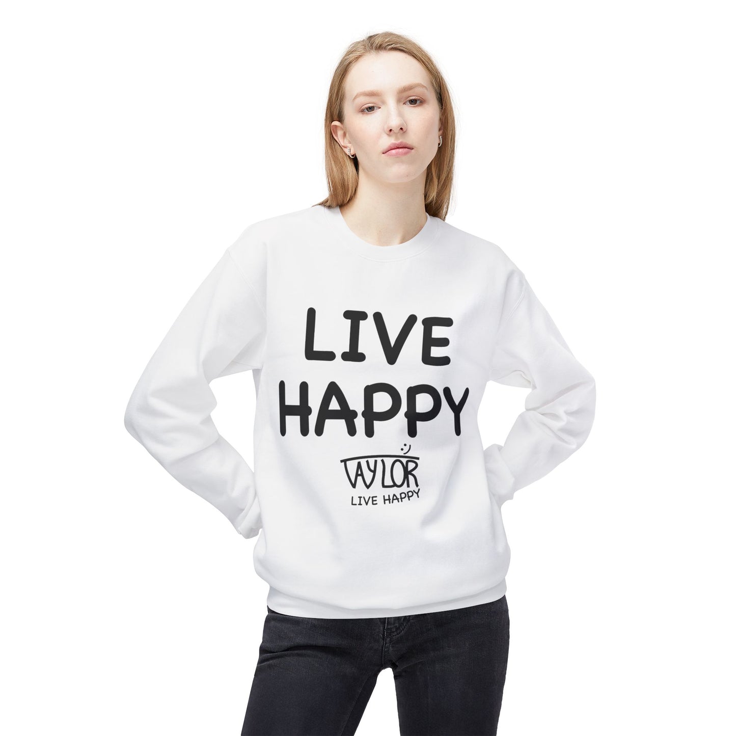 Live Happy Crewneck Sweatshirt - Unisex Fleece, Cozy Gift, Motivational Apparel, Perfect for Gifting, Casual Wear, Everyday Comfort