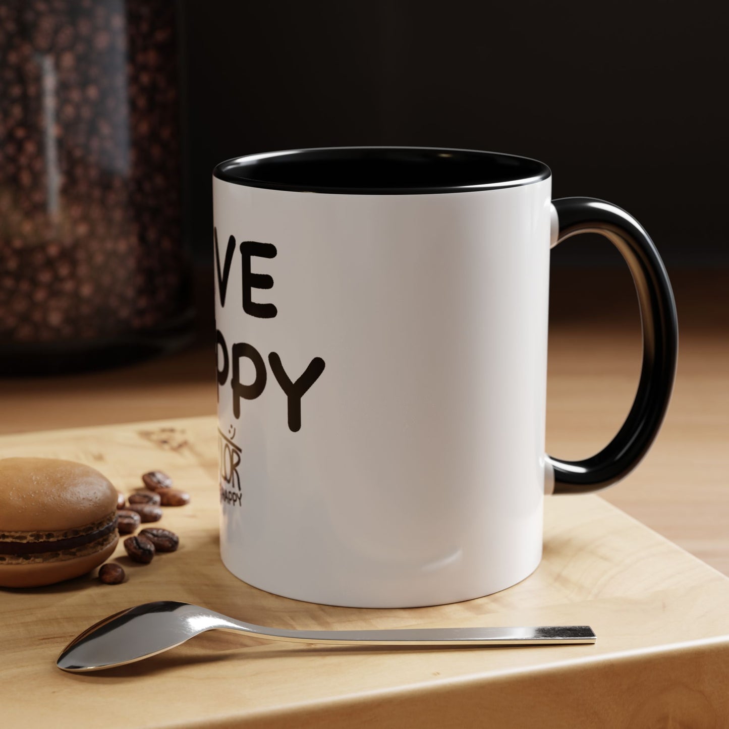 Live Happy Accent Coffee Mug - Inspirational Drinkware for Coffee Lovers, Gift for Friends, Motivation Mug, Black and White Design